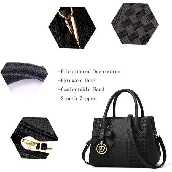 Women's Black Fashion Ladies Pu Leather Top Handle Satchel Shoulder Tote Bags